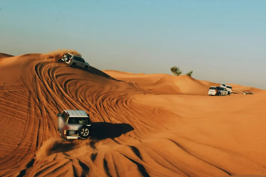 Safari 4×4s carving tracks across red sand dunes in the late-afternoon sun